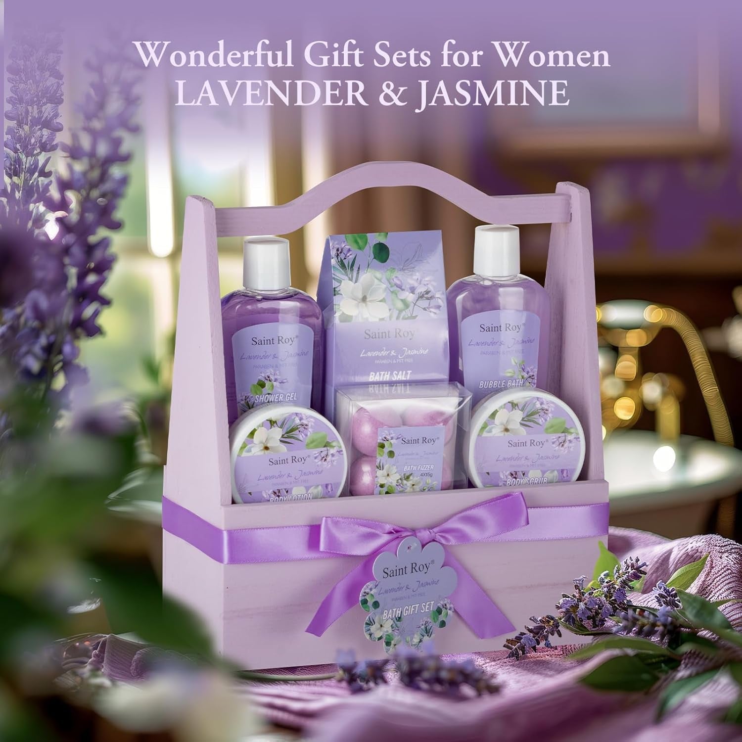 Bath and Body Gift Basket Set for Women - Jasmine Valentines Day Gifts for Women, Spa Gift Basket 13-Piece Bath Gift Set, Gift Set for Ladies Body & Bath Gifts Set Lavender Gift Baskets for Mom