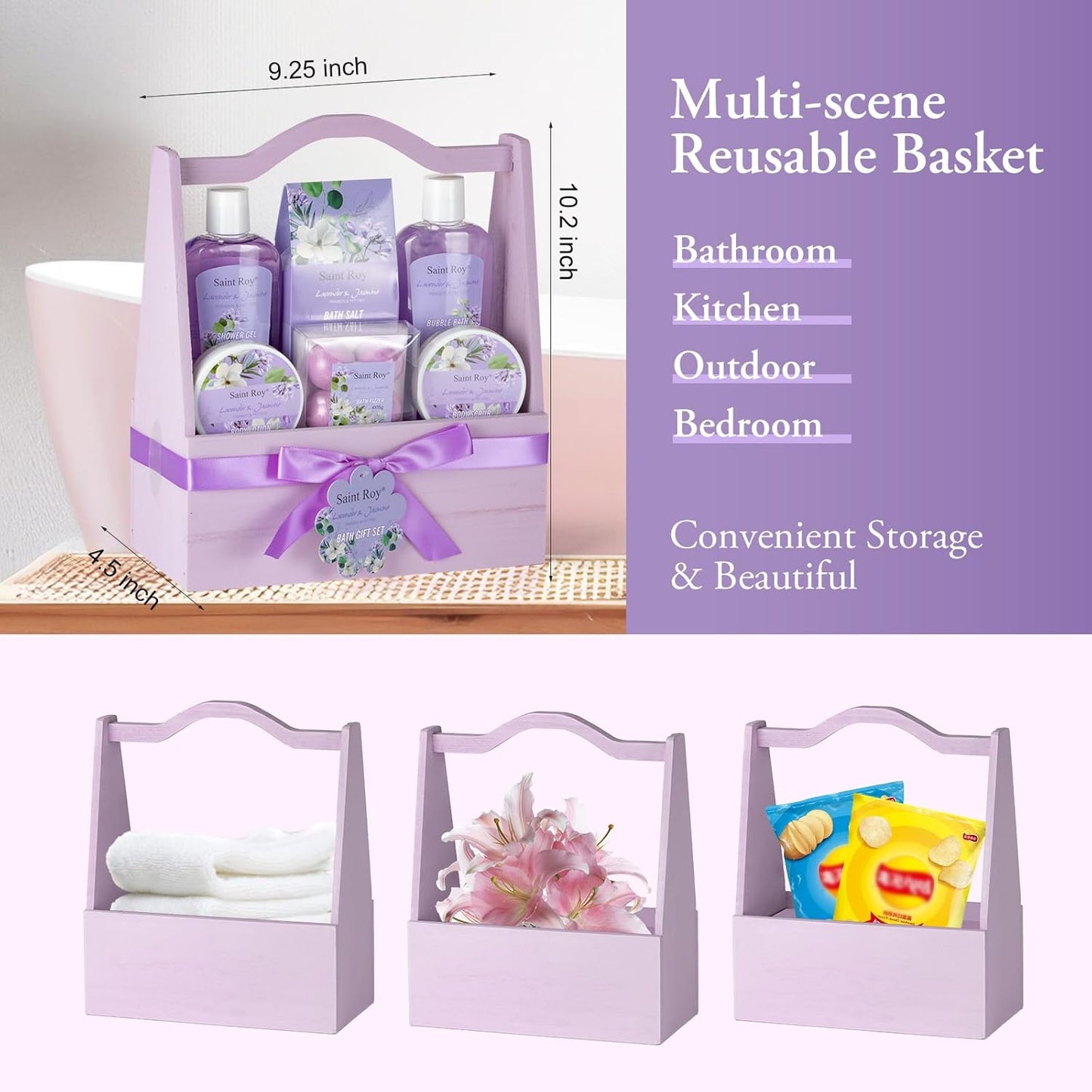 Bath and Body Gift Basket Set for Women - Jasmine Valentines Day Gifts for Women, Spa Gift Basket 13-Piece Bath Gift Set, Gift Set for Ladies Body & Bath Gifts Set Lavender Gift Baskets for Mom